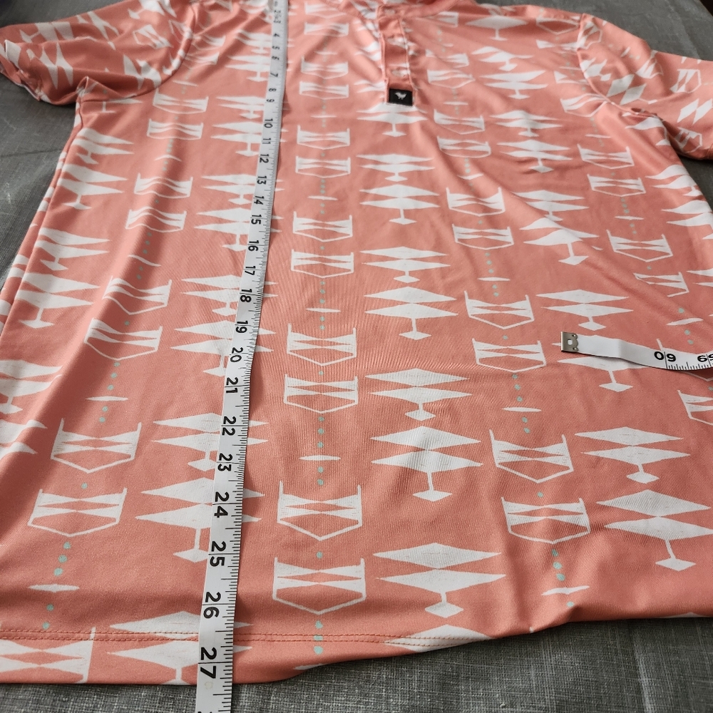 Bad Birdie coral and white geometric patterned golf polo Shirt men's size Small - Picture 4 of 11